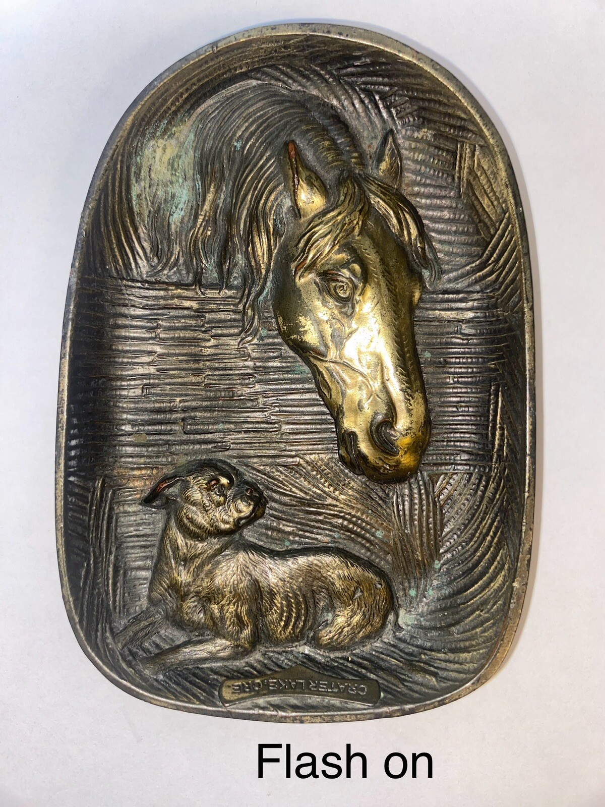 Antique Kronheim & Oldenbusch Bronze Tray Dish Horse Bulldog Crater Lake Oregon
