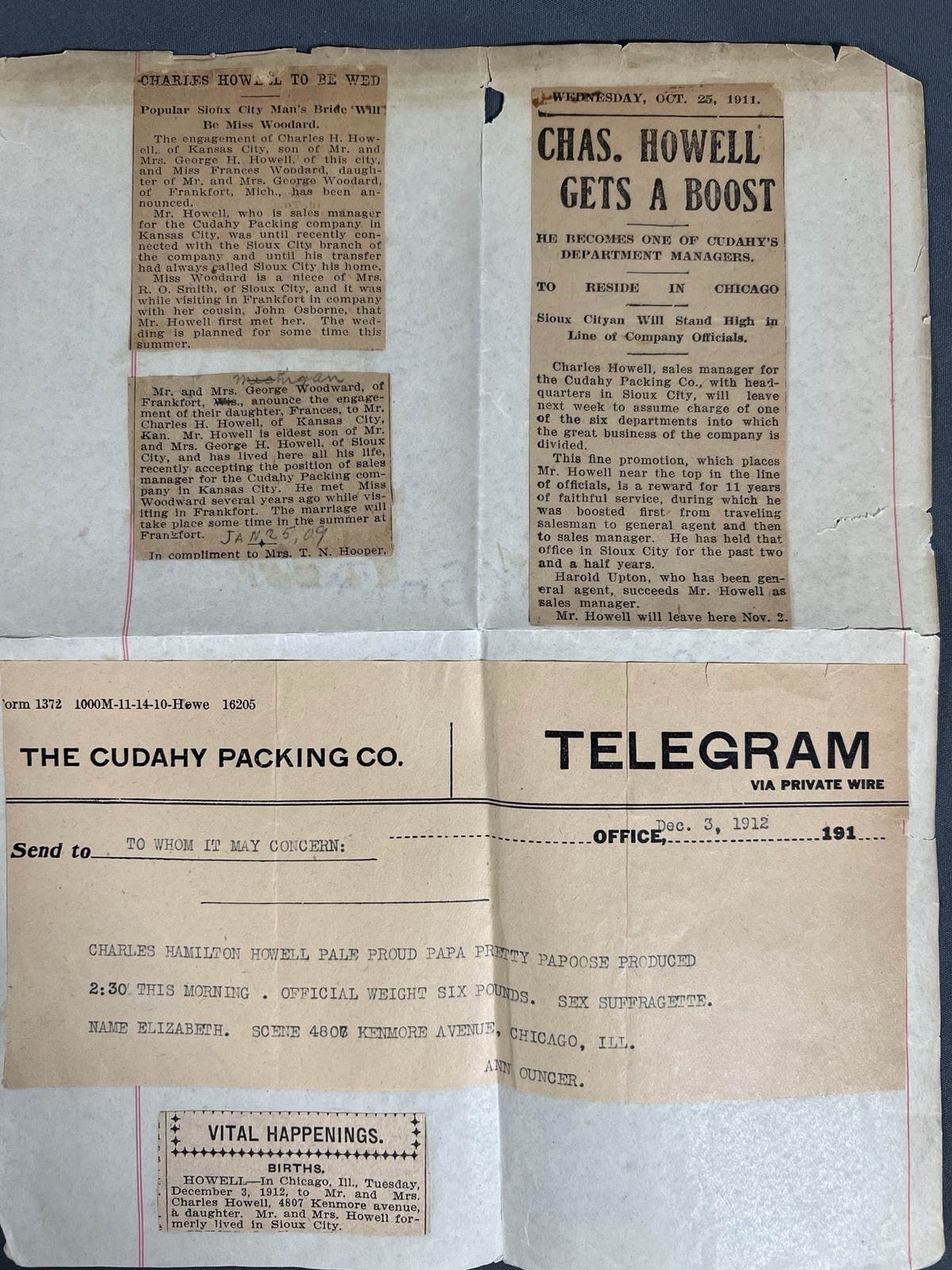 1911-1912 Antique Ephemera Lot: Cudahy Packing Co. Telegram, Suffragette Baby