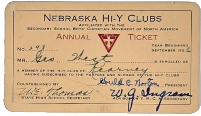 1926 Nebraska Hi-Y Club Membership Card Signed by W.G. Ingram