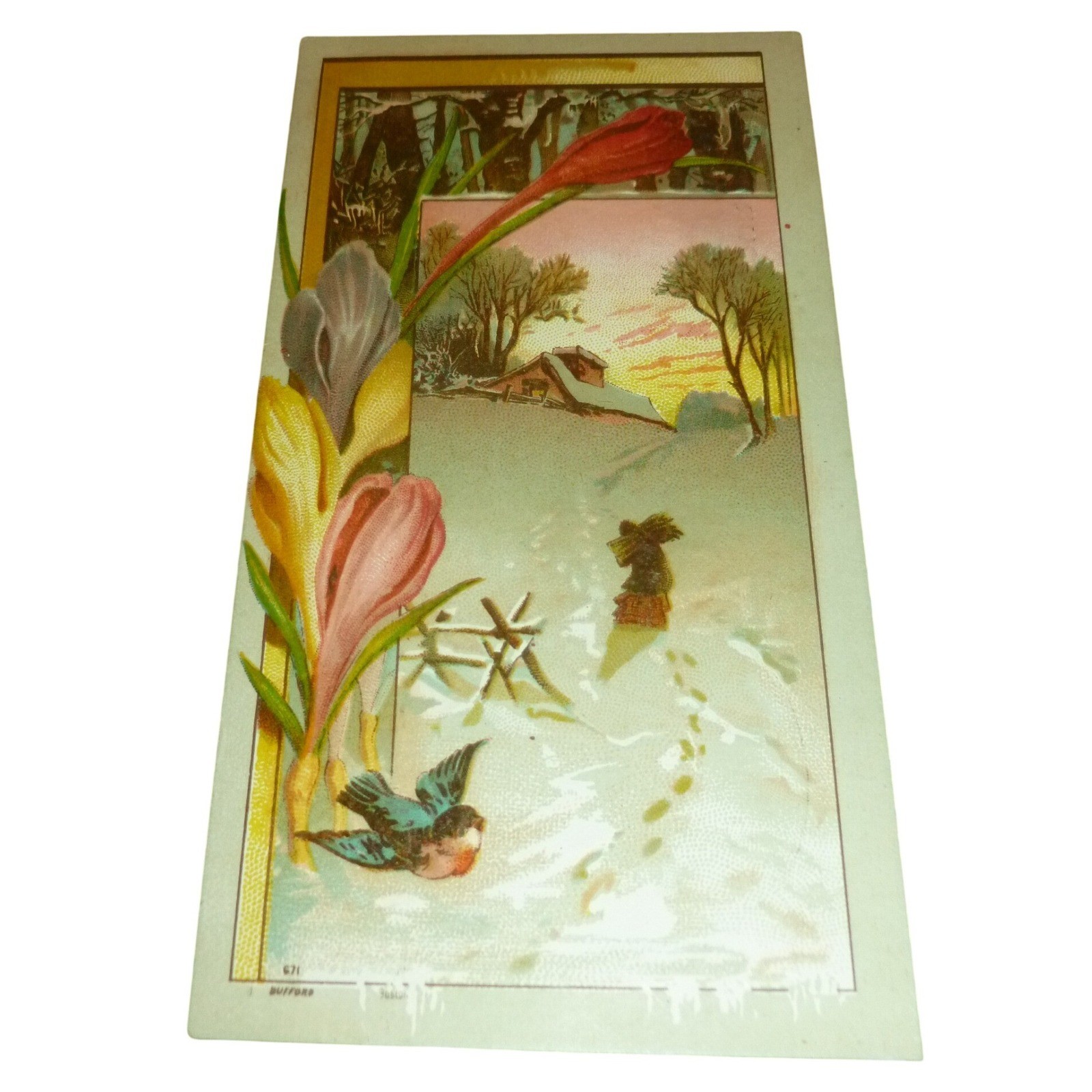 Antique Ash Bros Binghamton NY Victorian Trade Card Winter Bird Flower Ad 1800s