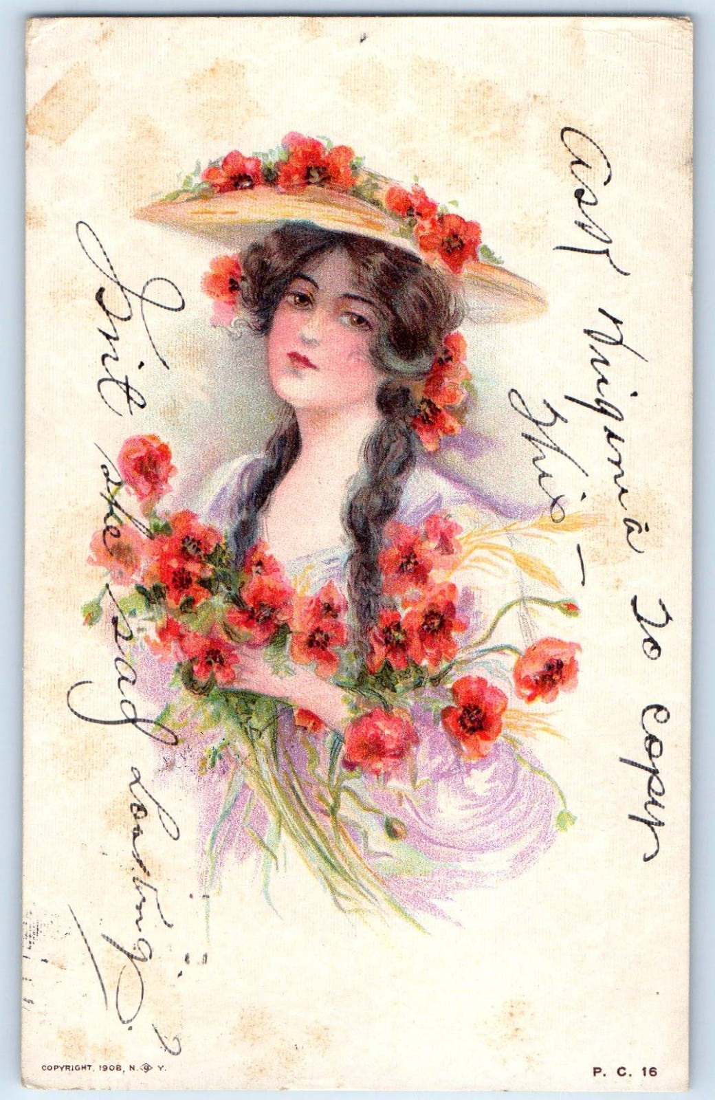 c1910's Pretty Woman With Floral Hat Poppies Flowers Frankfort Kentucky Postcard
