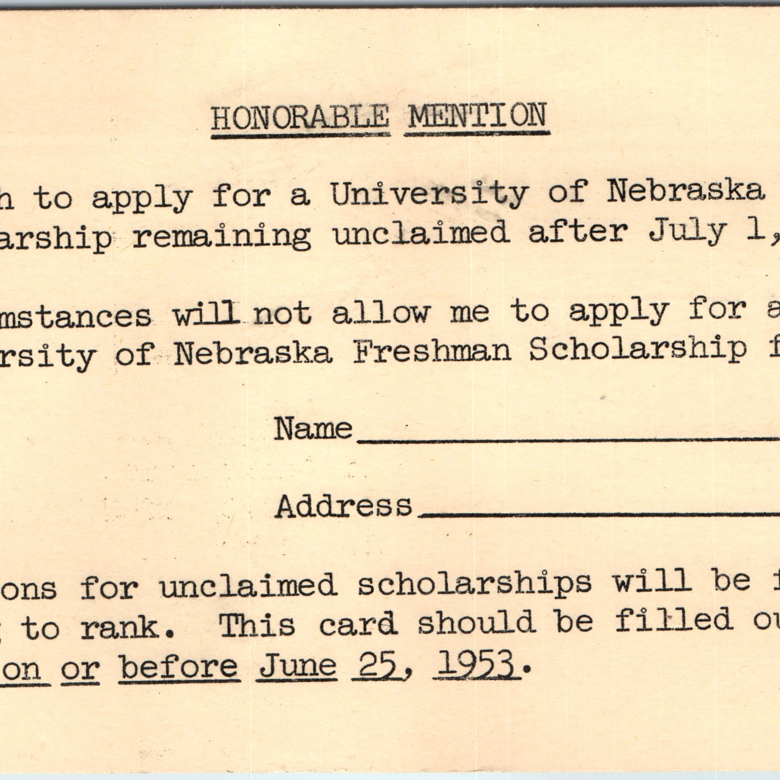 1953 University of Nebraska Freshman Scholarship Application Postcard Form Vtg