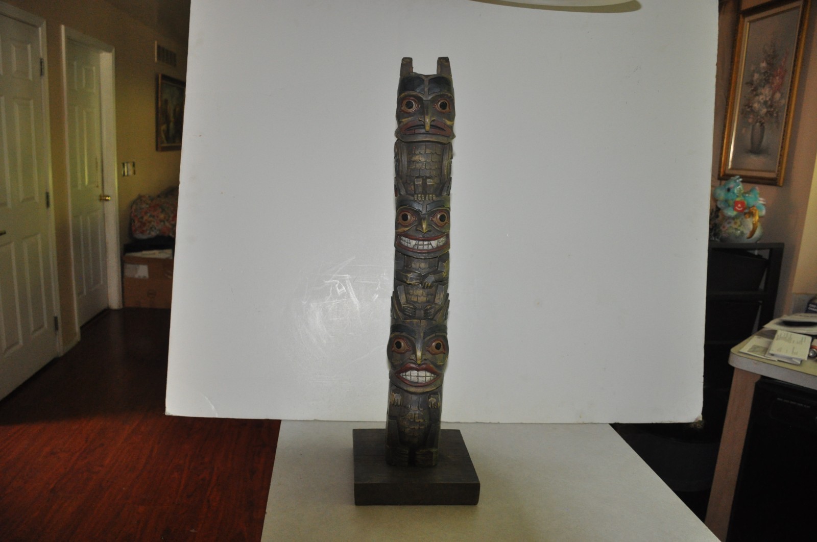 Very Old Northwest Coast Style Hand Carved & Painted Totem Pole 27 In Tall