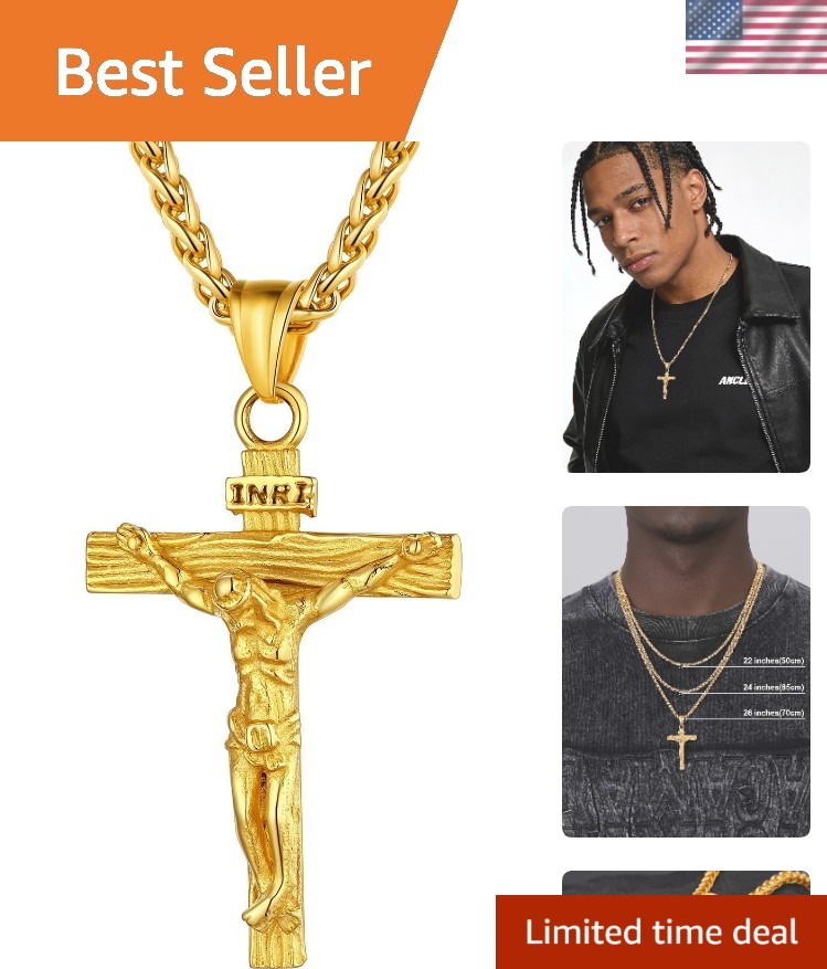 Elegant 18K Gold Plated Crucifix Necklace with Adjustable Chain for Men & Women