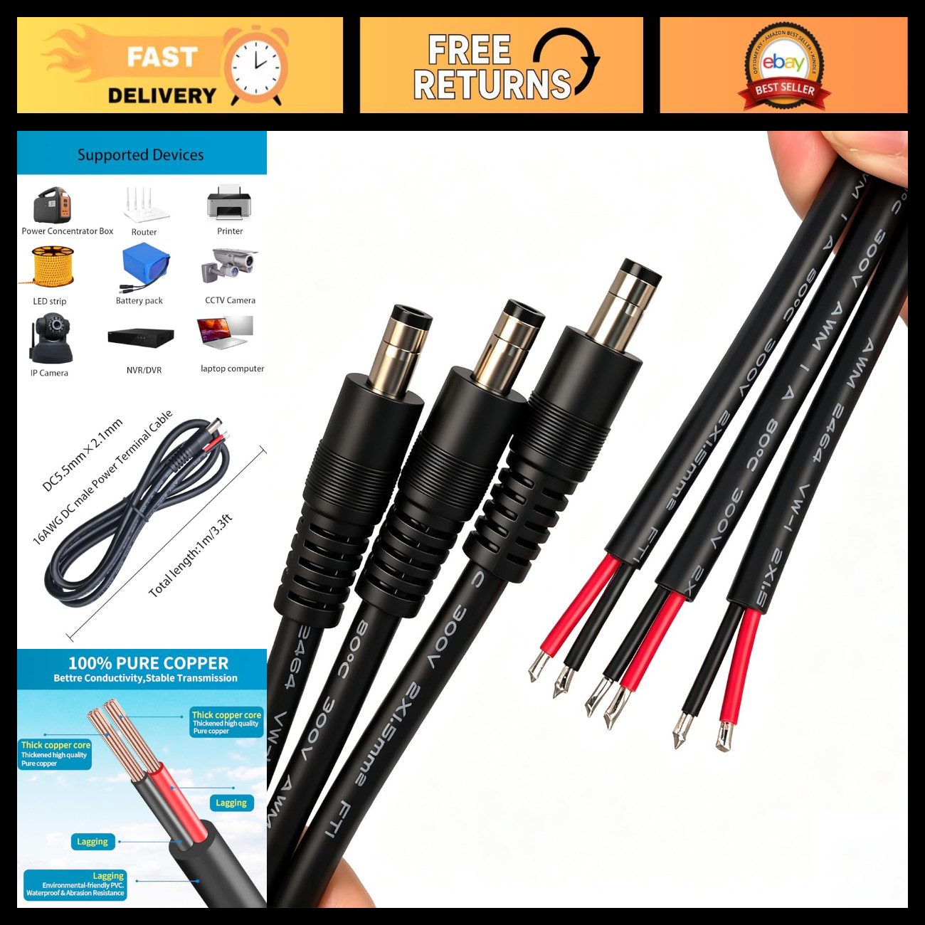 16AWG DC5521 Power Cable, 5.5mm x 2.1mm Male Barrel Plug, 3.3ft, 3-Pack