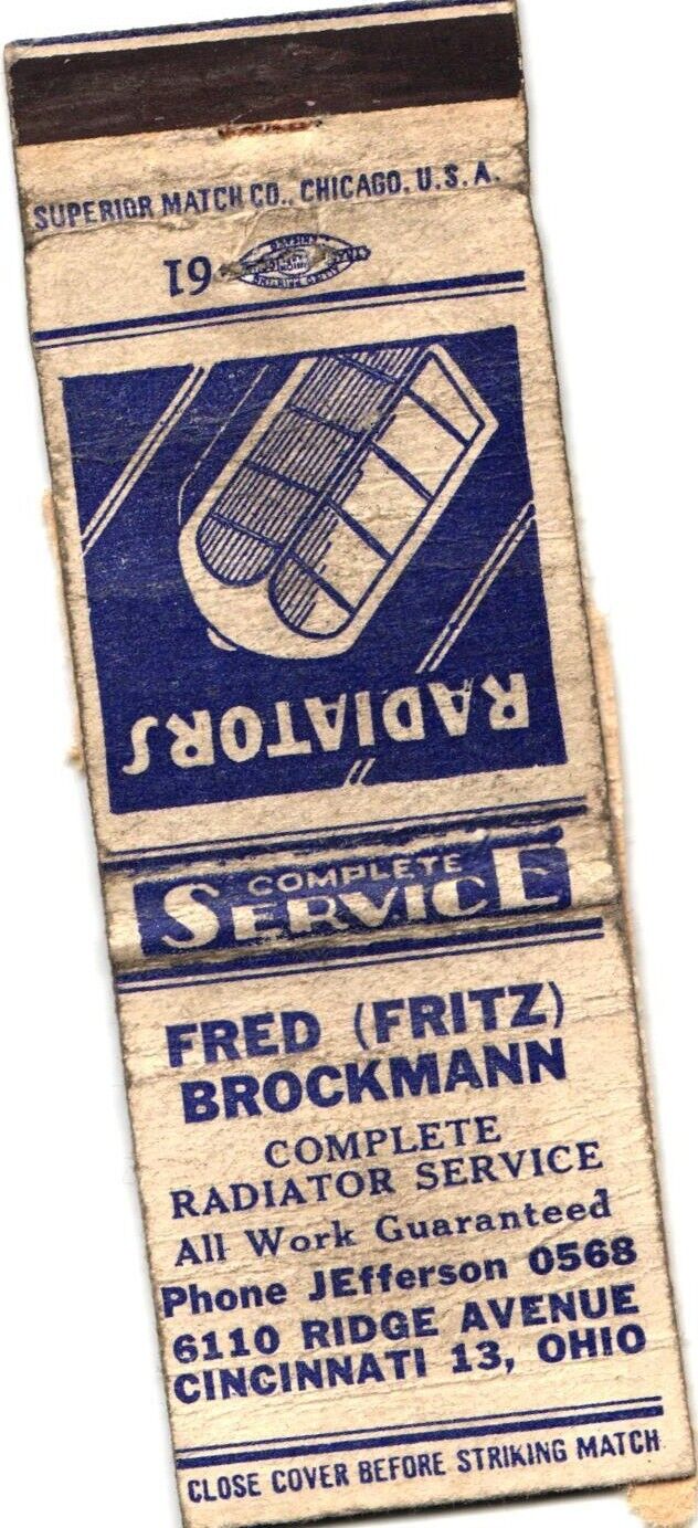 Fred Fritz Brockmann, Complete Radiator Service, Ohio, Vintage Matchbook Cover