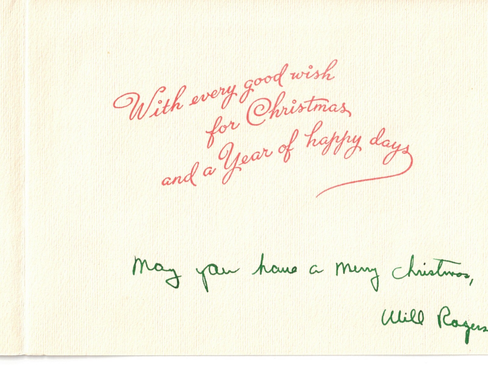 Will Rogers American Actor Original Signed Autograph Holiday Card w/ Inscription