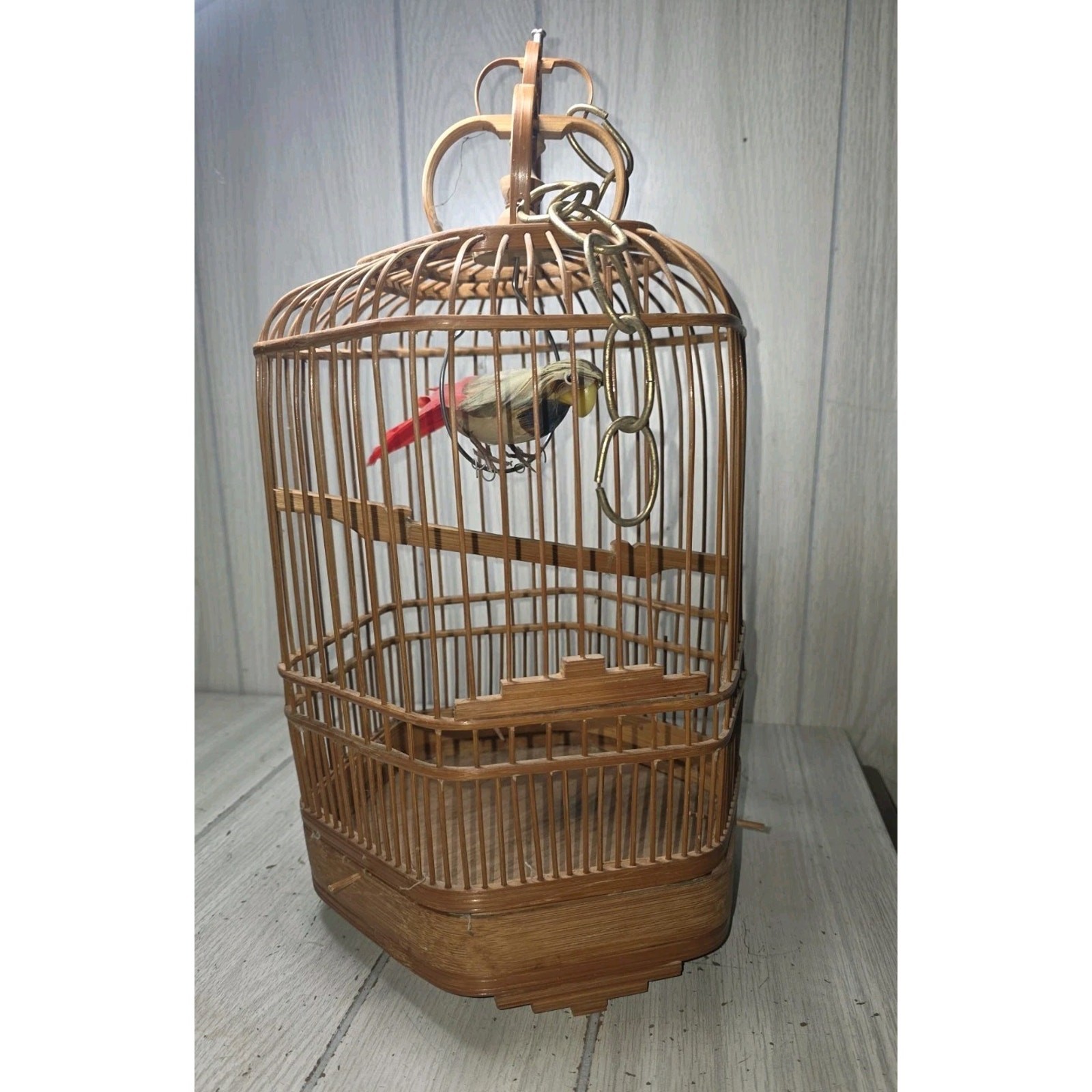 Antique 1930s Asian Bamboo Bird Cage W/Realistic Feathered Bird Intricate Ornate