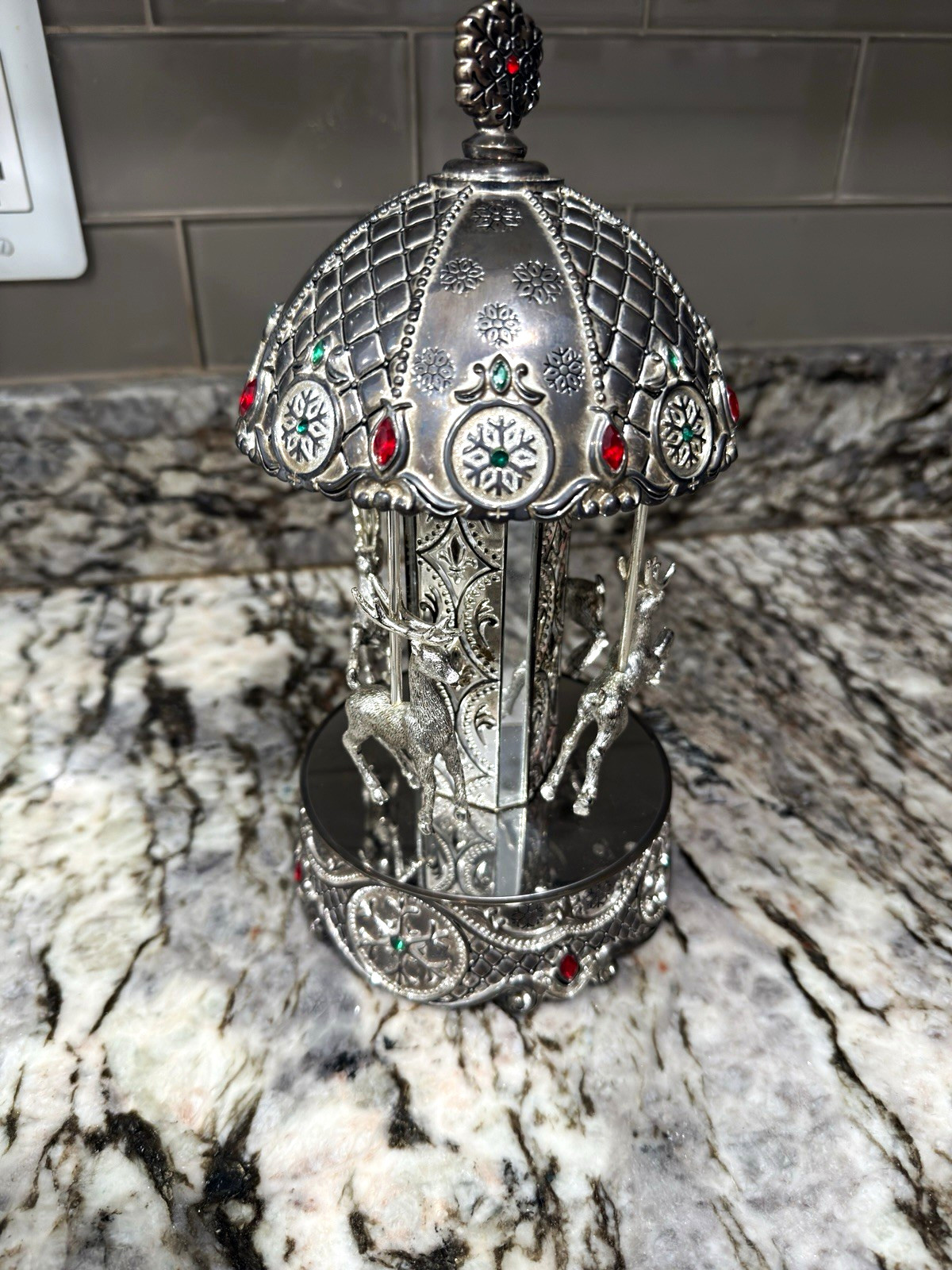 RARE Wallace Silver Plated Reindeer Carousel Music Box - Let It Snow - Christmas