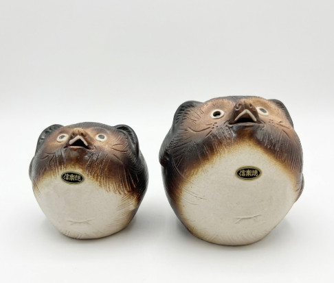 Japanese Shigaraki Yaki Tanuki Coin Bank Figurine Lucky Ornament Set Used