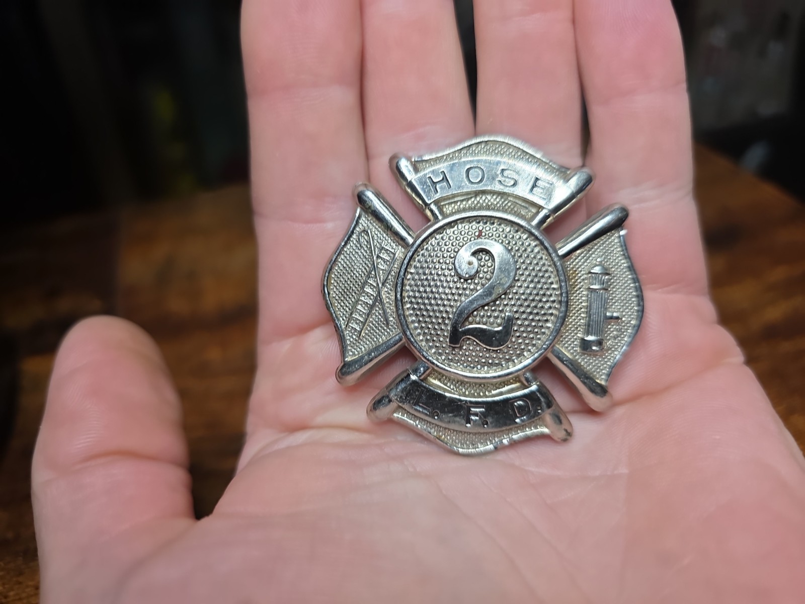 Vintage L. F. D. Fire Department Metal Hat Badge.  