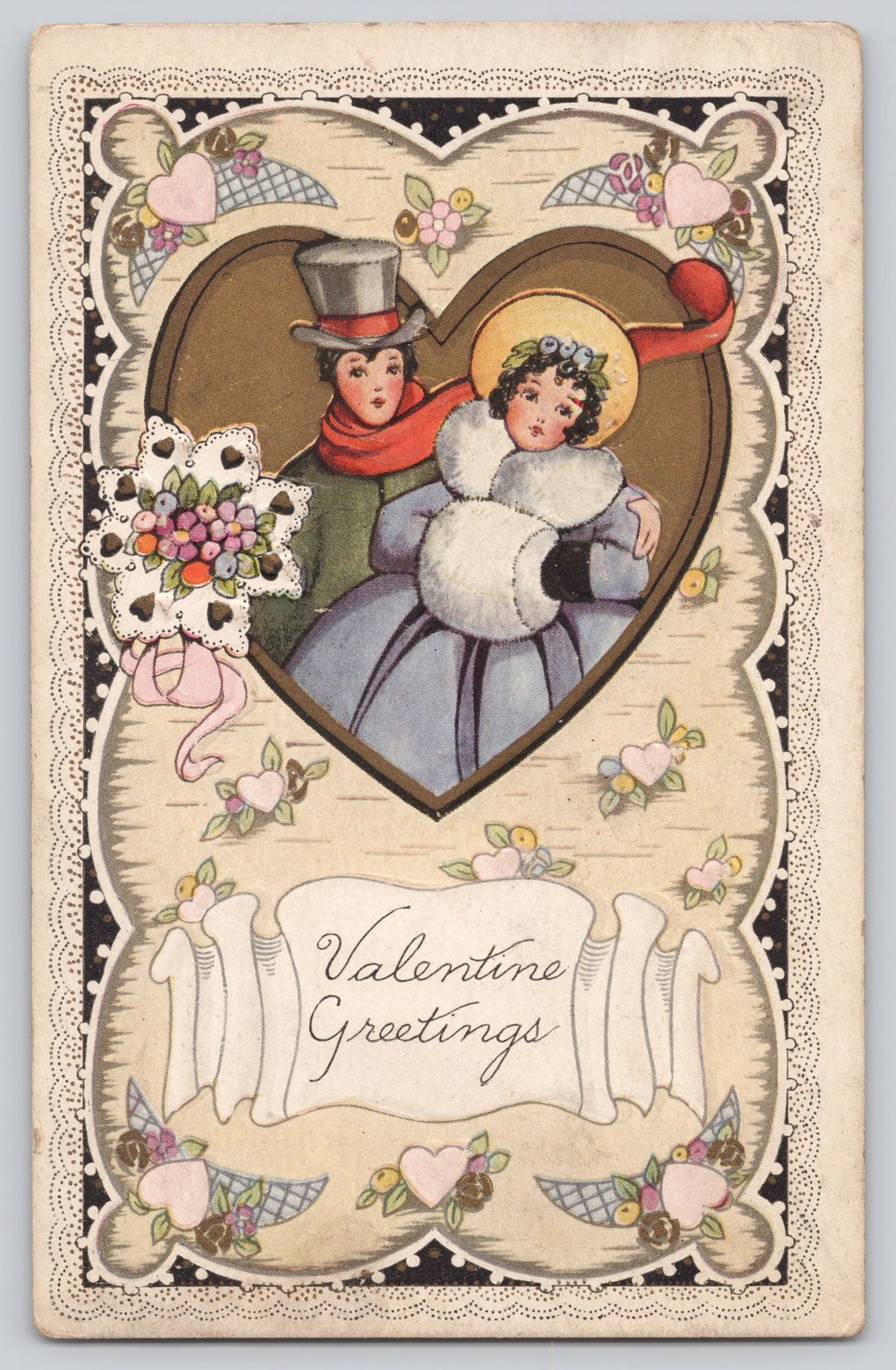 Whitney Made Embossed Die-Cut Valentine Postcard Couple in Heart c1920