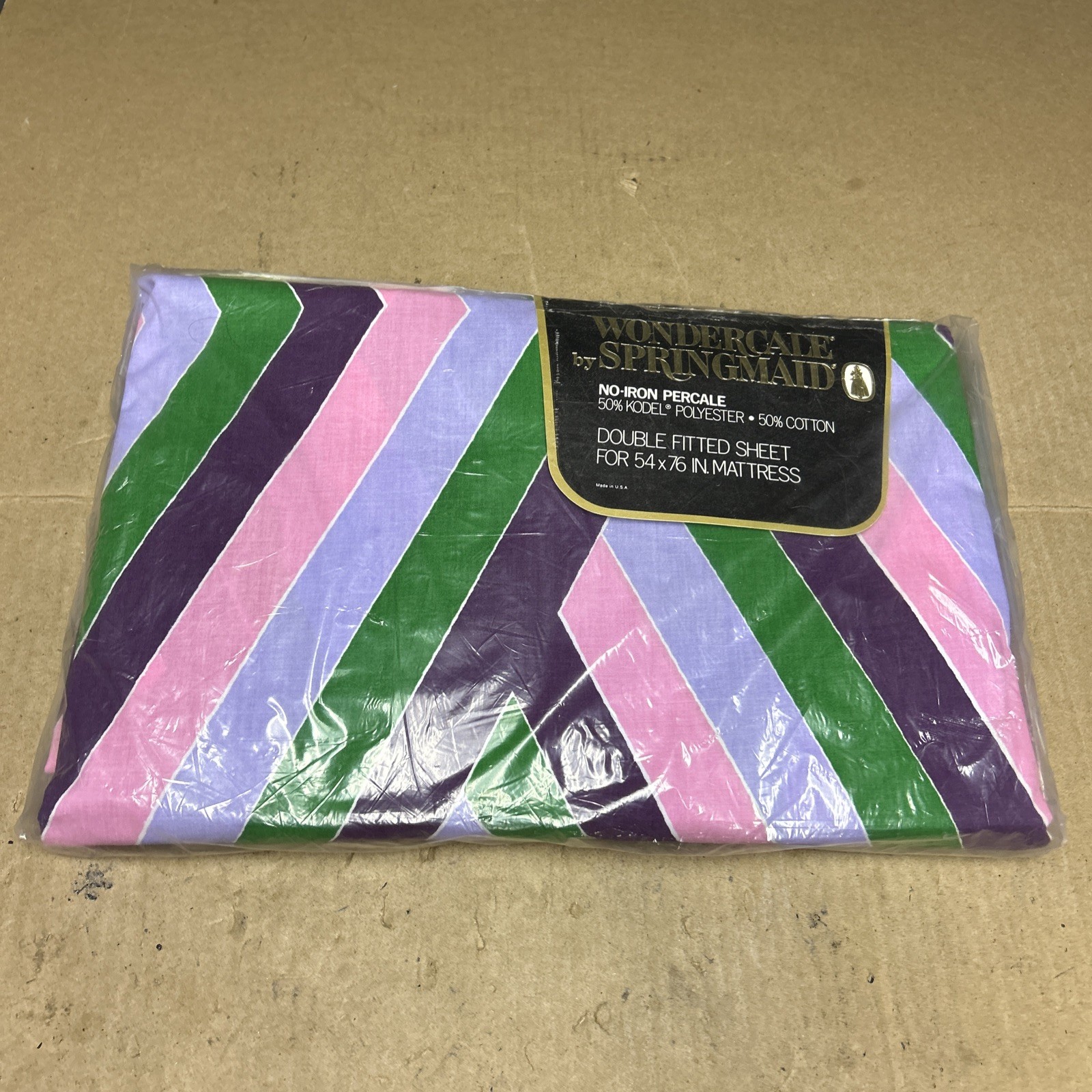 Vtg 70s Springmaid Wondercale Geometric Chevron Doubled Fitted Sheet New