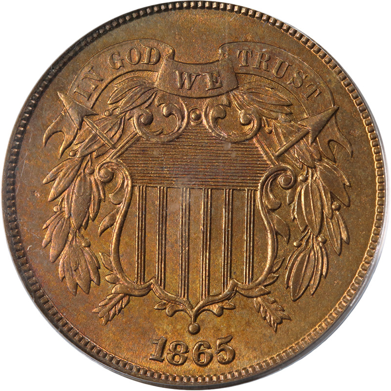 1865 Two Cent Piece, Lustrous Solid Gem BU++ RB, RARE This Nice