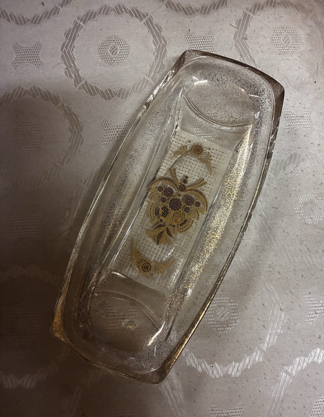 Vintage Georges  Briard Gold Gild Floral Pattern Glass relish dish 