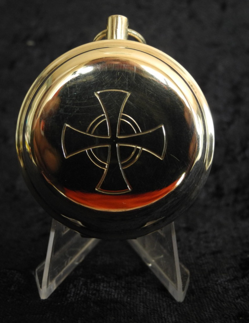 Antique silver host box (pyxis), pocket-watch style with engraving, c. 1900.