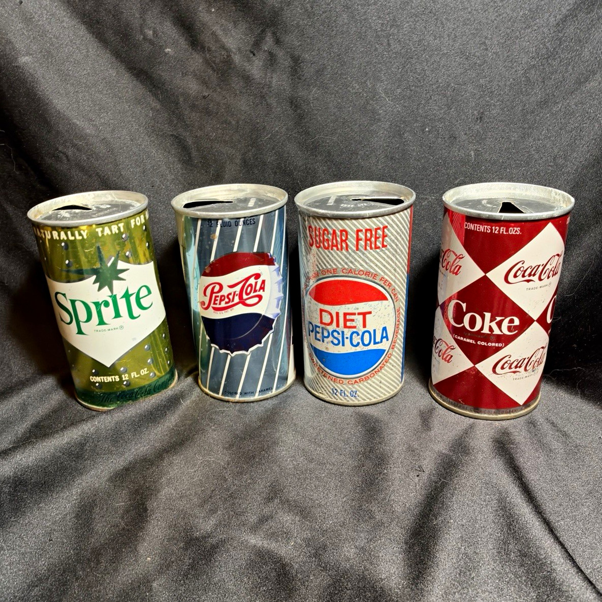 1960's Sprite Pepsi Diet Pepsi-Cola Coca-Cola Vintage Pull Tab Soda Can Lot of 4