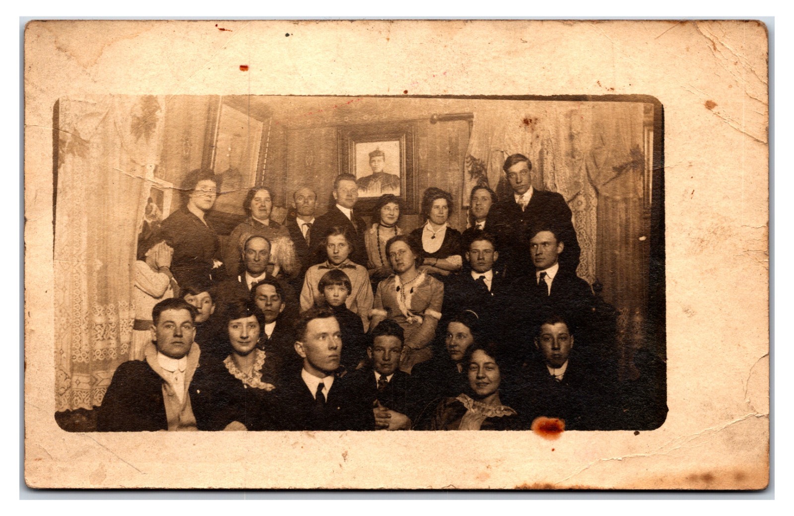 Antique - 1910s Family Group In Living Room RPPC - Original Snapshot Photo