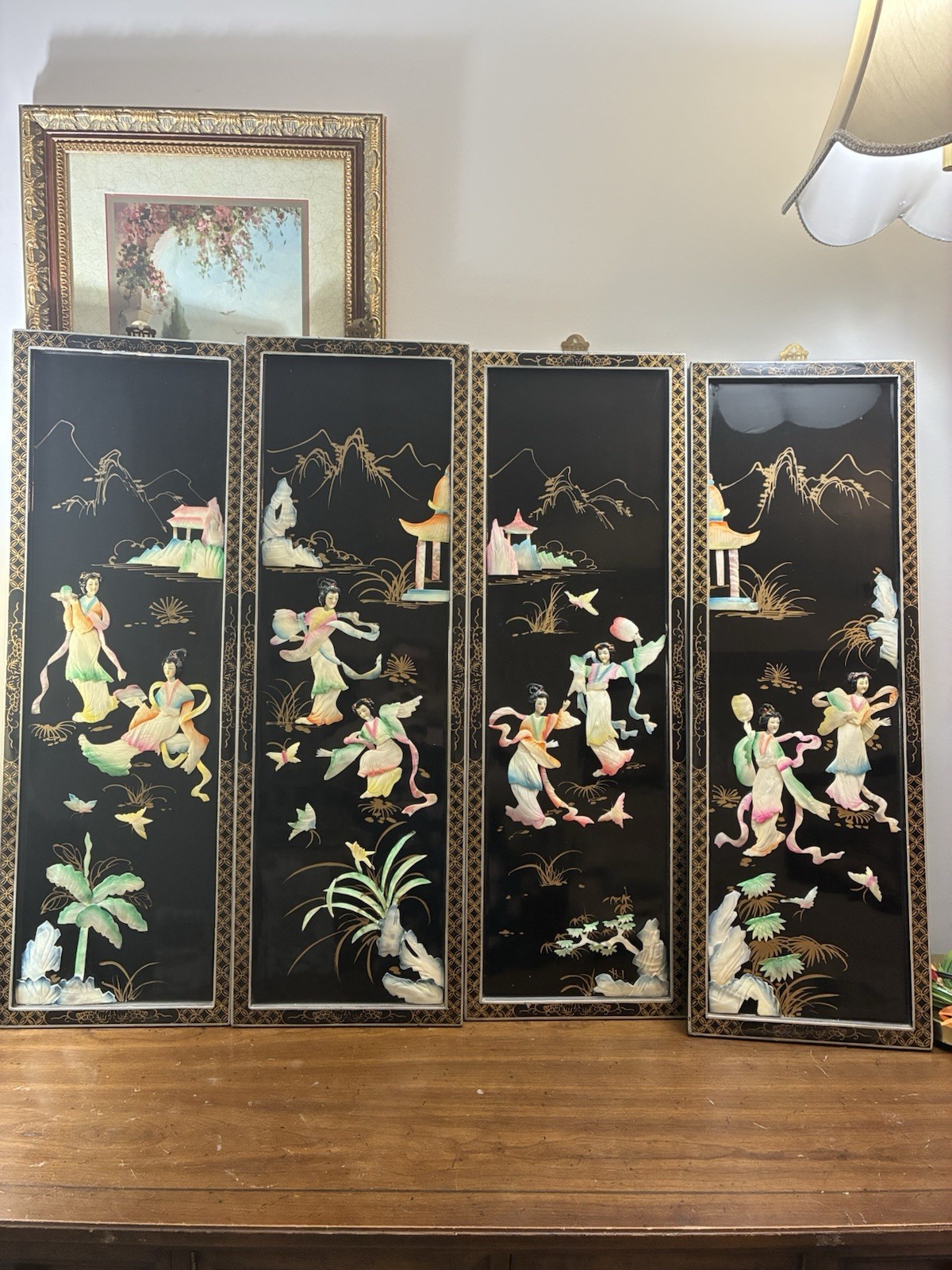 4 Vintage Oriental Mother of Pearl Women Inlaid Black Lacquer Wall Panels 36”