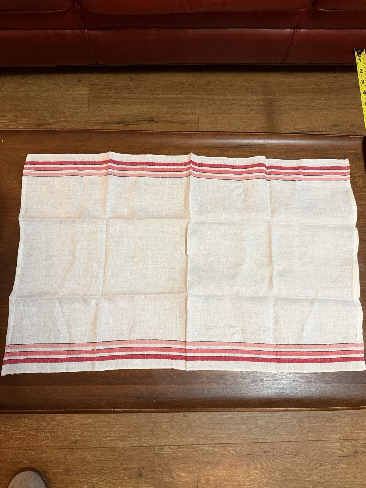 Vintage Set (4) Linen Weave Red Pink Woven Kitchen Towel 23.5”