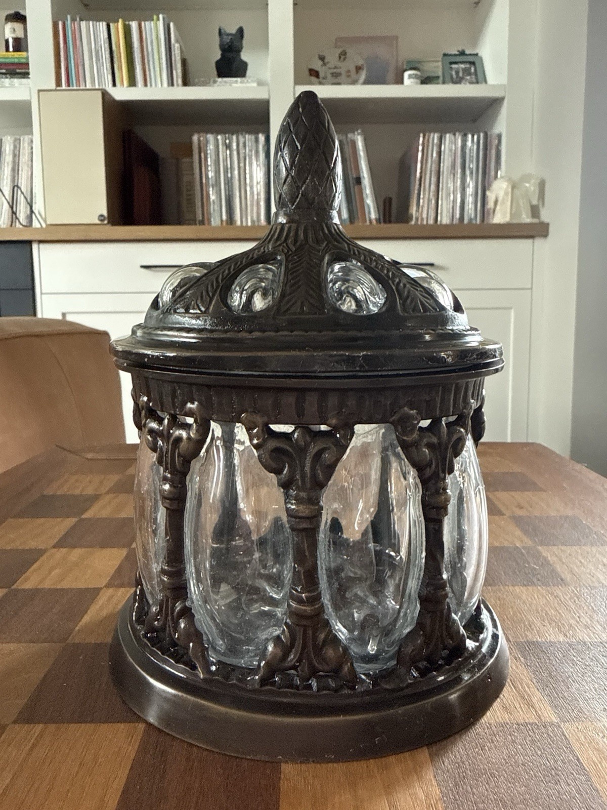 Vintage Solid Brass Baroque Caged Hand-blown Bubble Glass Lidded Apothecary Jar