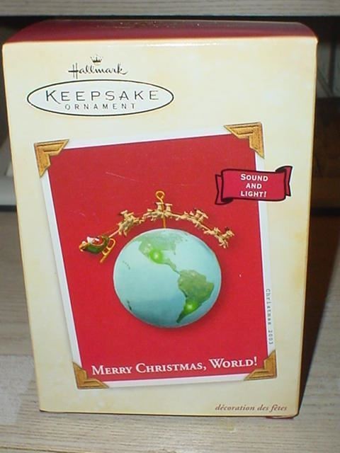 HALLMARK MERRY CHRISTMAS WORLD 2003 SOUND KEEPSAKE ORNAMENTS SANTA AND REINDEER