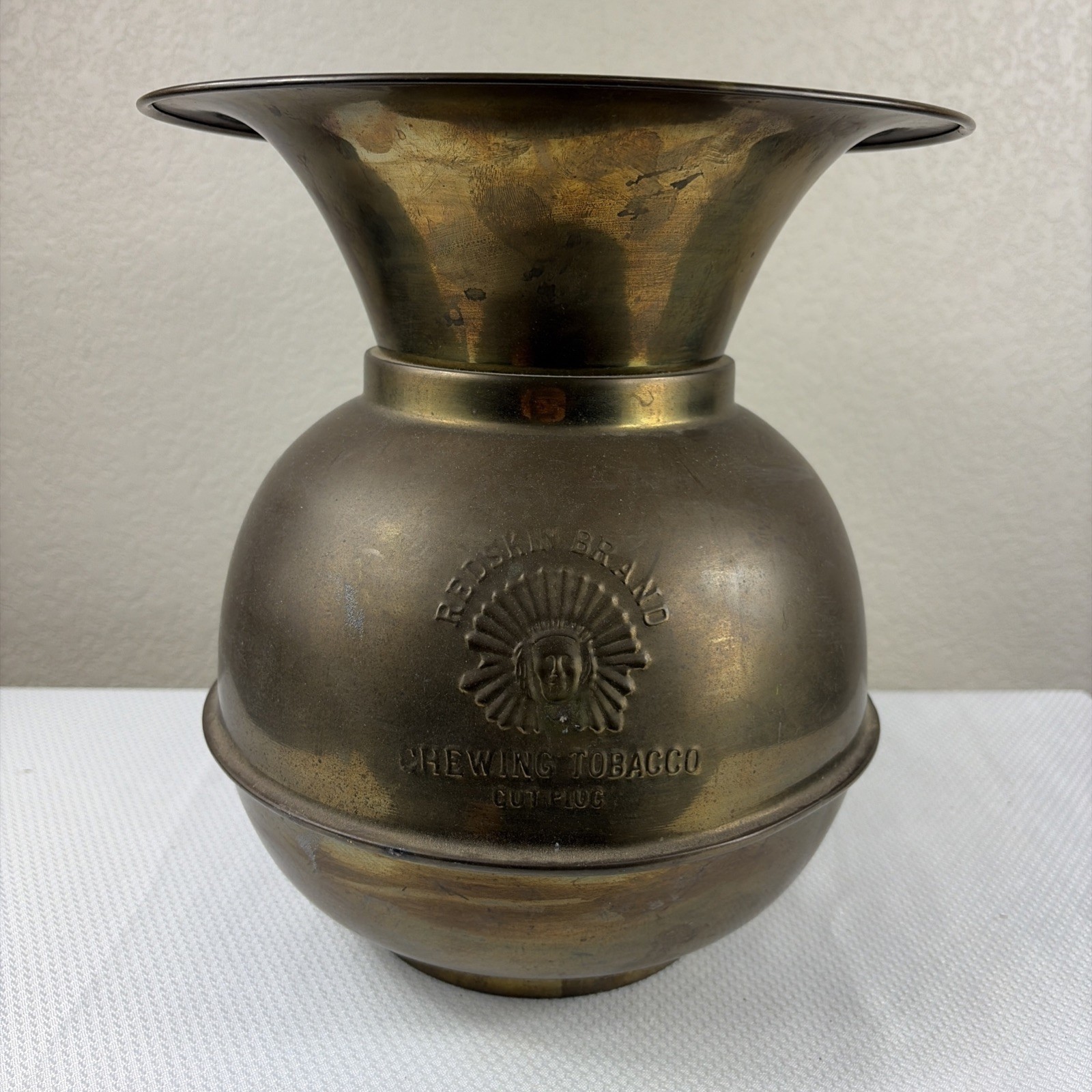 Heavy Vintage Redskin Brand Chewing Tobacco Cut Plug Brass Spittoon 2 Sided