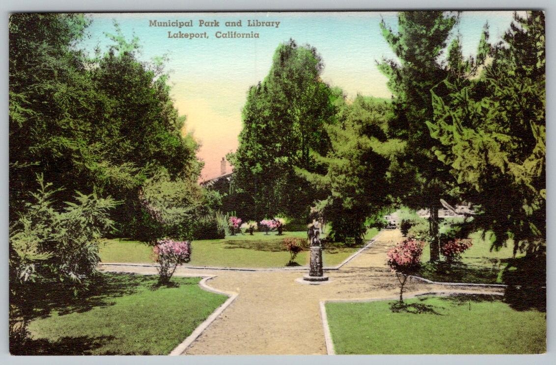 1920-30\'s MUNICIPAL PARK LIBRARY LAKEPORT CALIFORNIA HAND-COLORED POSTCARD