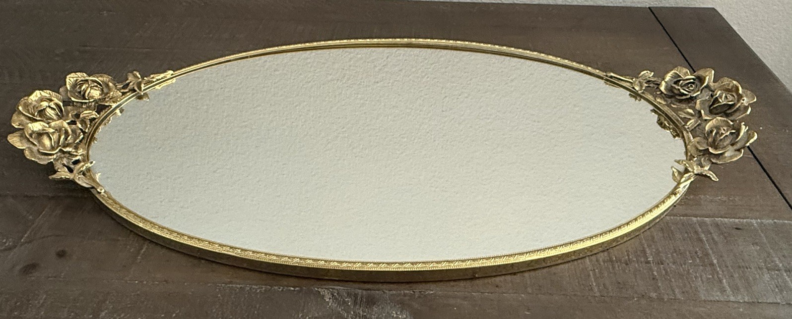 Vintage Gold Gilt Rose Floral Oval Mirrored Vanity Tray Hollywood Regency 21”