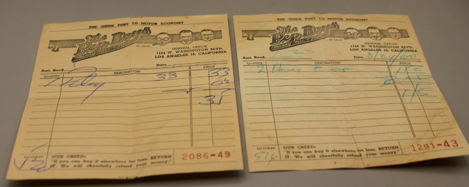 Vintage Pep Boys Auto Parts Receipts 1960