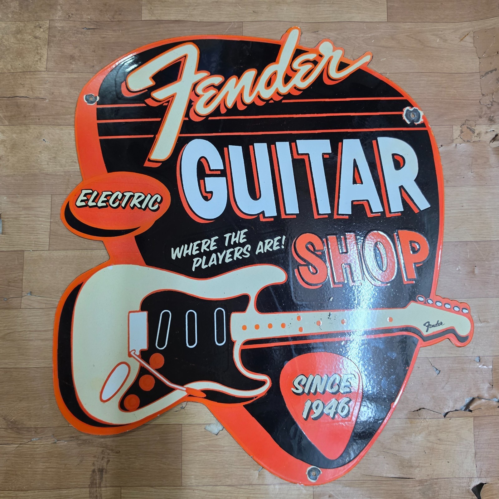 FENDER GUITAR SHOP PORCELAIN ENAMEL SIGN 25 X 28 INCHES