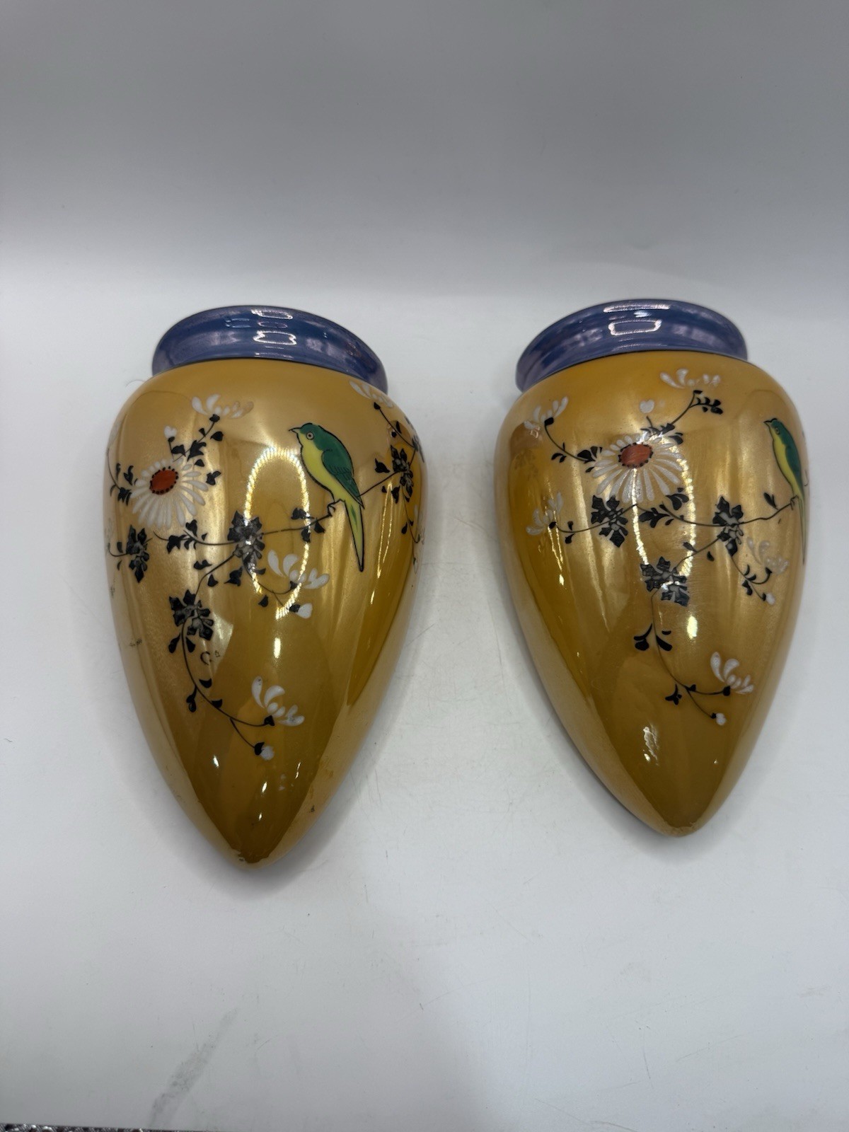 Vintage Made in Japan Porcelain Bird Floral Wall Pockets Pair 6” Lusterware *