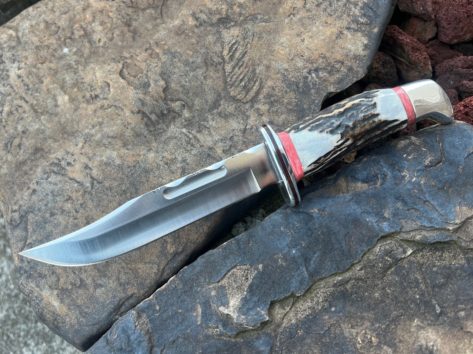 LEROY REMER STAG BUCK 119 ALUMINUM GUARD WITH PINK CORAL SPACERS KNIFE KNIVES #5
