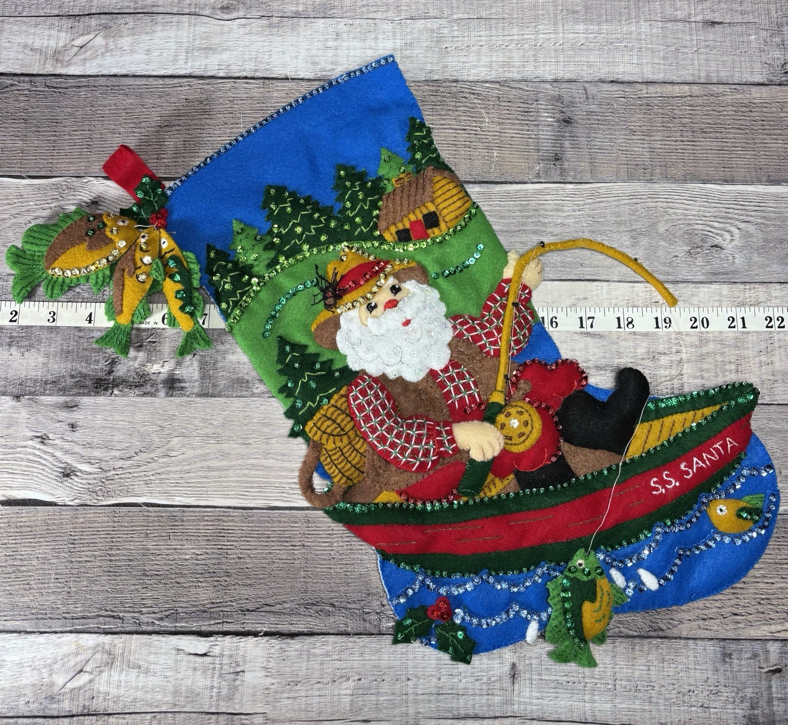 Vintage Completed Bucilla 18” Christmas Stocking “Fishing Santa” #86193 Felted
