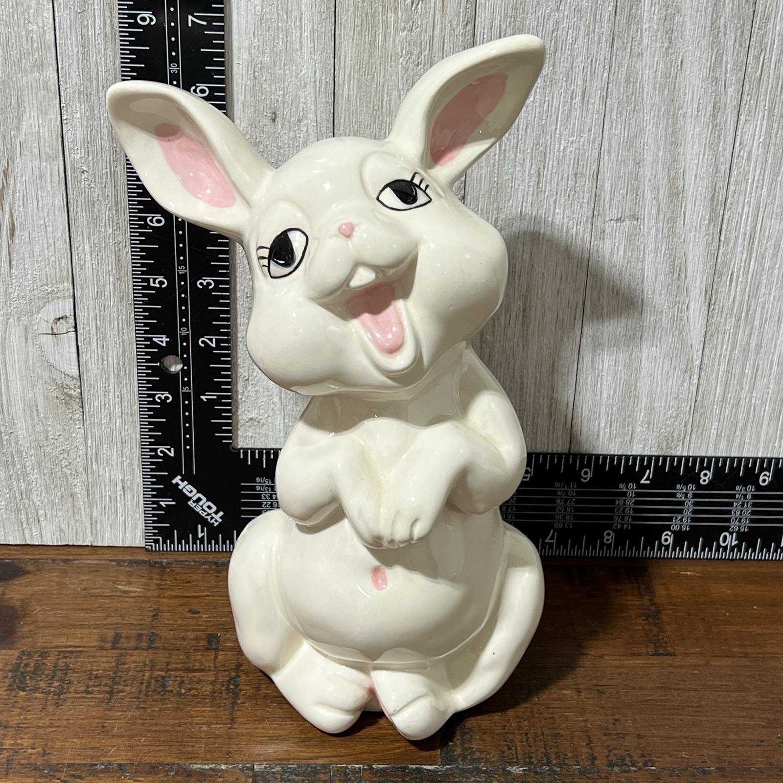 Vintage 80s Hand Painted White Pink Ceramic Bunny Rabbit Figurine Easter Cottage