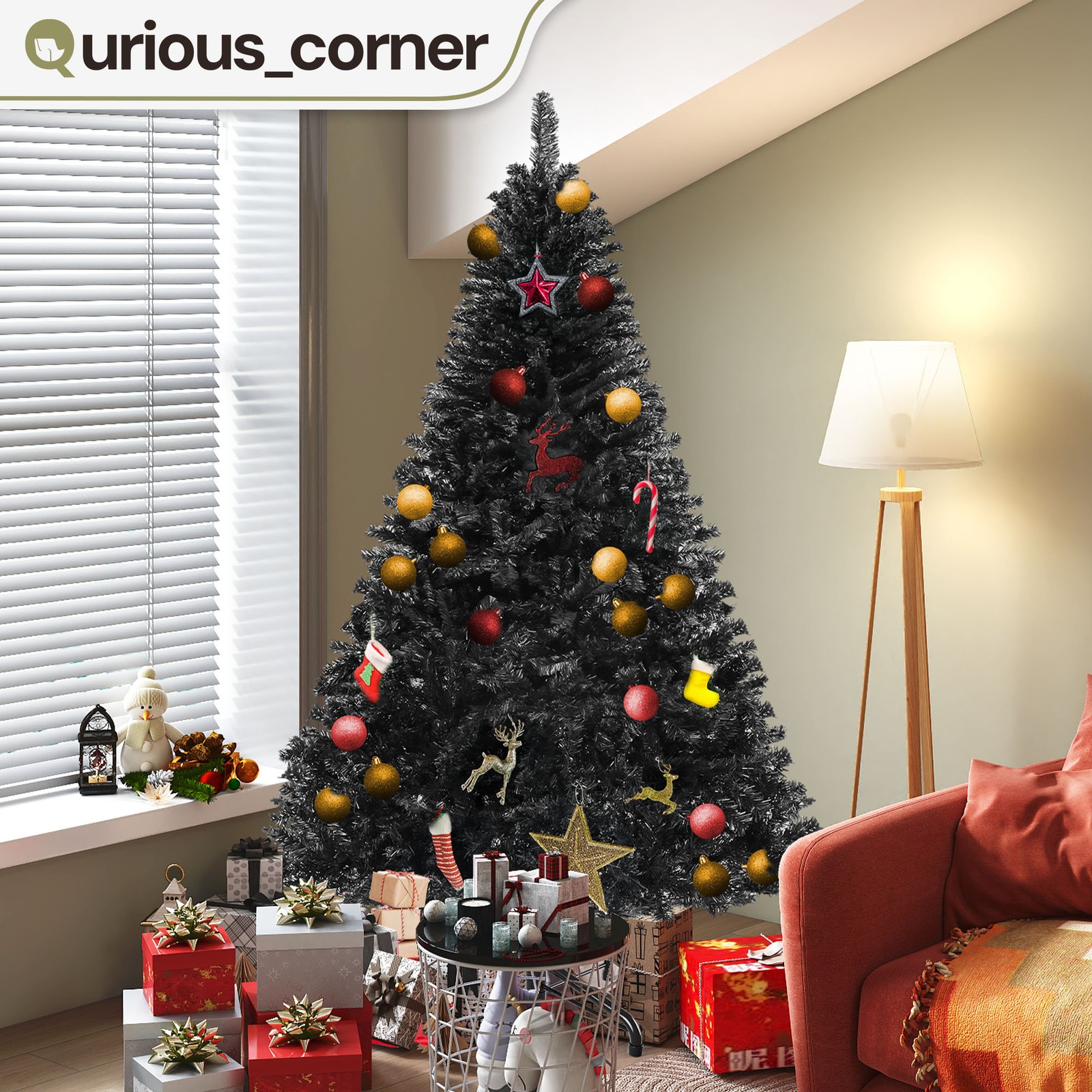 6ft Black Christmas Tree 818 Tips Easy Assembly Hinged No Lights Flame-Resistant