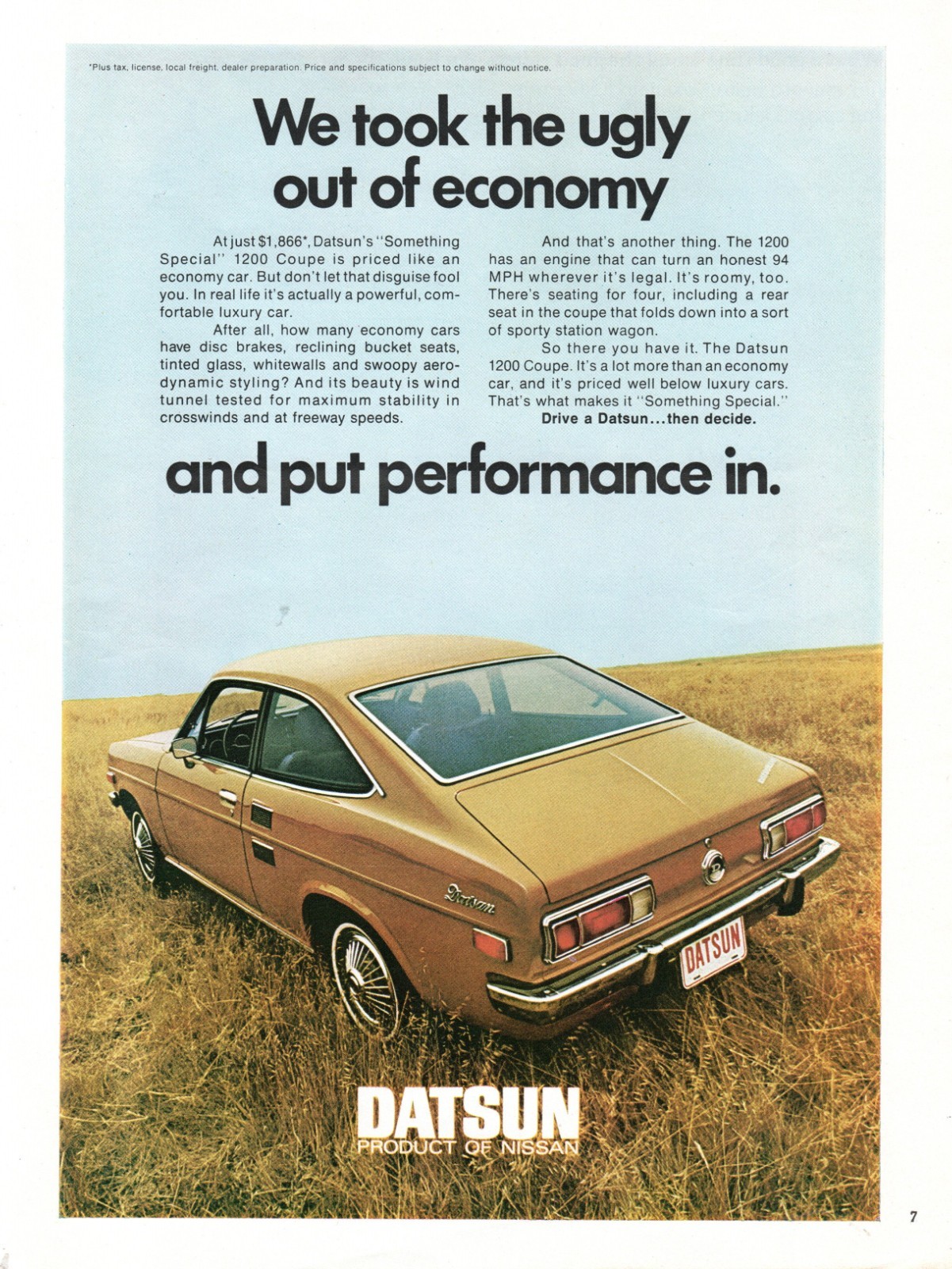 Vintage Datsun 1200 Coupe Ad We Took the Ugly Out of Economy $1,866