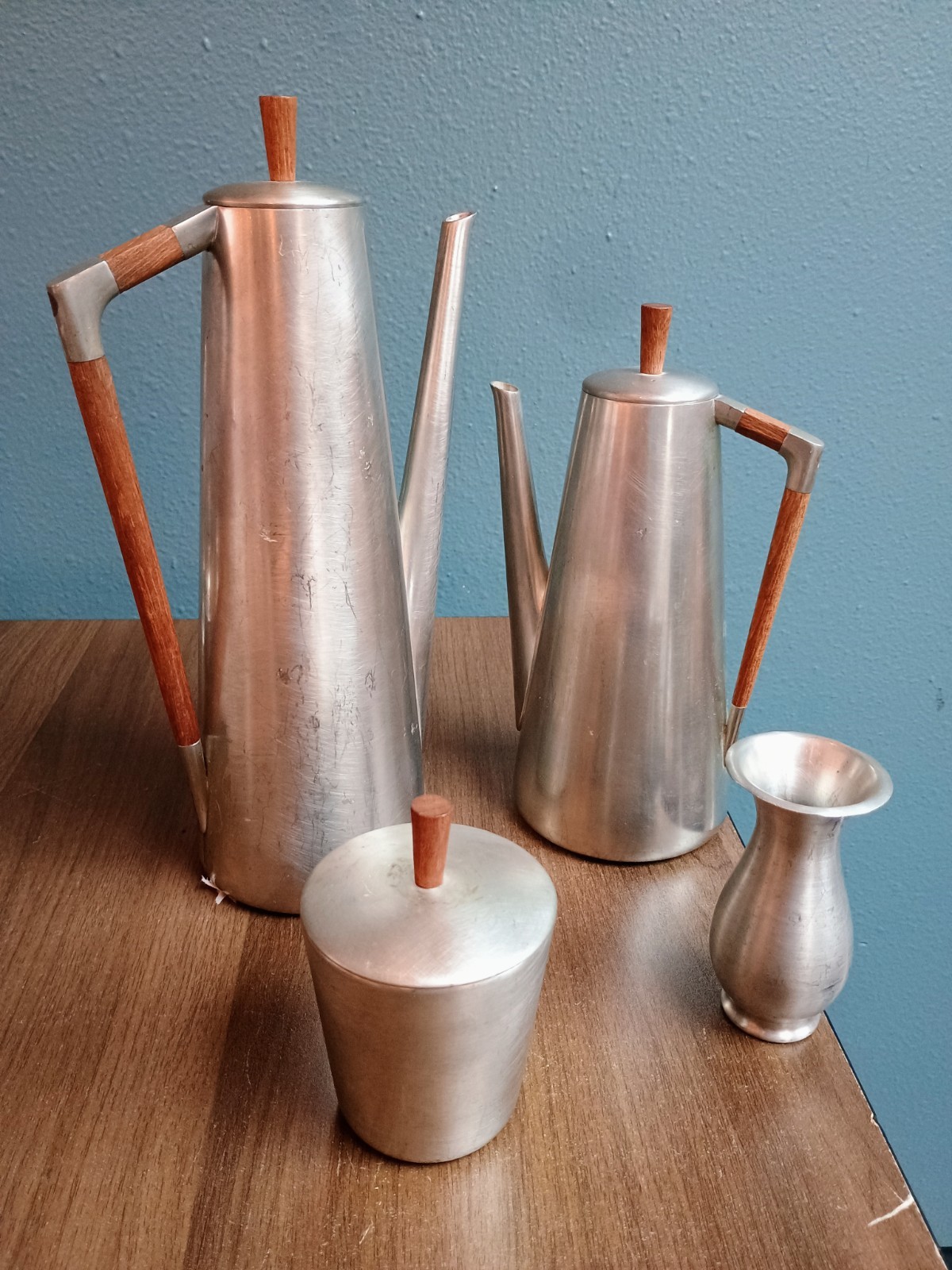 Vintage Royal Holland Pewter Teak Coffee Tea Set 4pc KMD Daalderop Dick Simonis