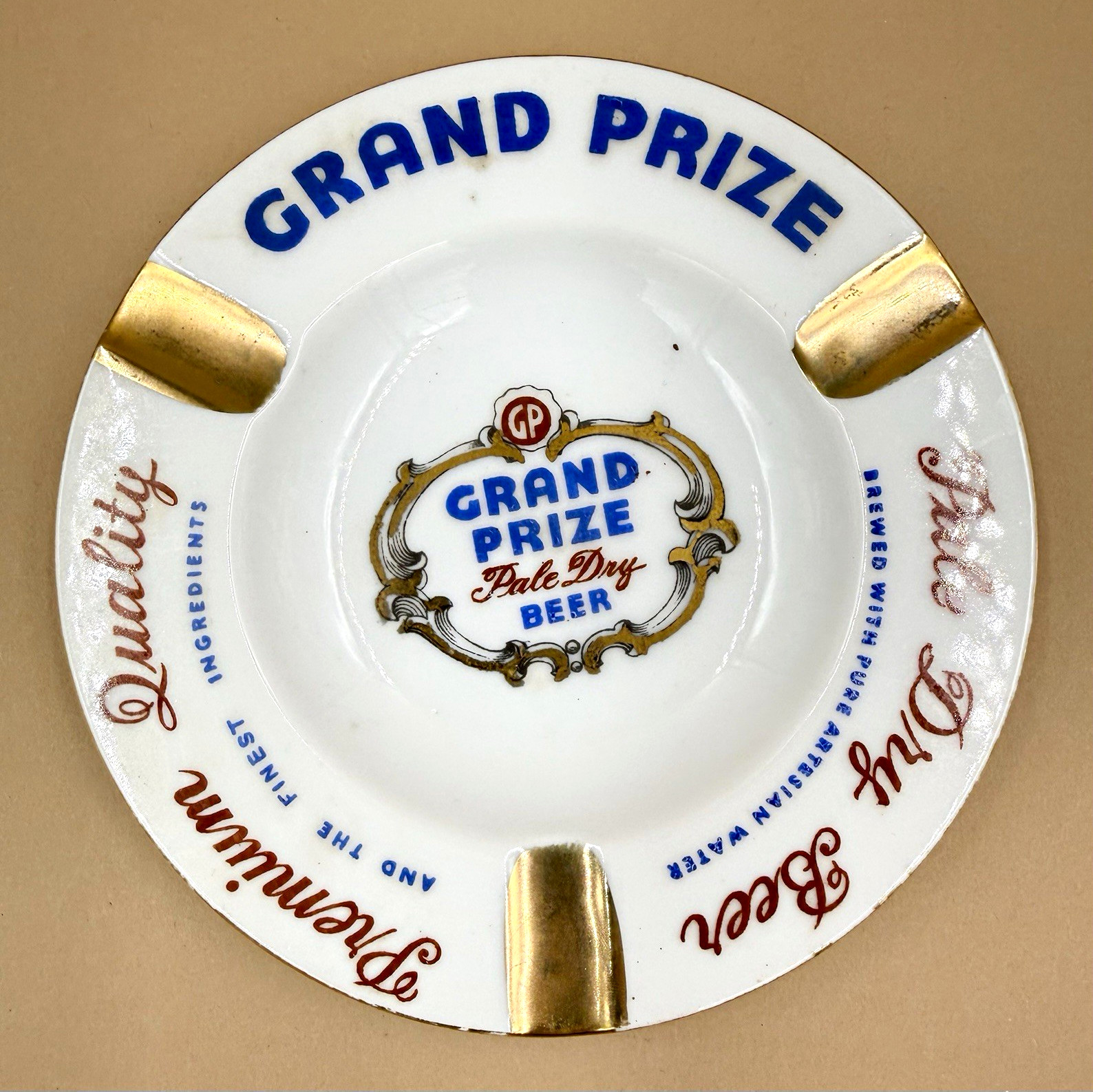Vintage 1950s Grand Prize Pale Dry Beer Ceramic Ashtray Gulf Brewing Houston TX