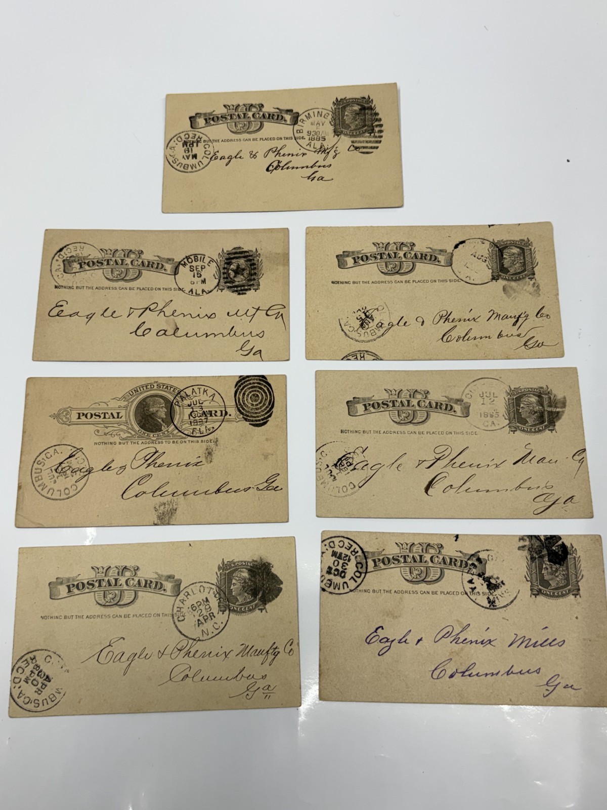 Columbus, GA Eagle & Phenix Mfg. Vintage Business Postcards Mid 1880's Total 7