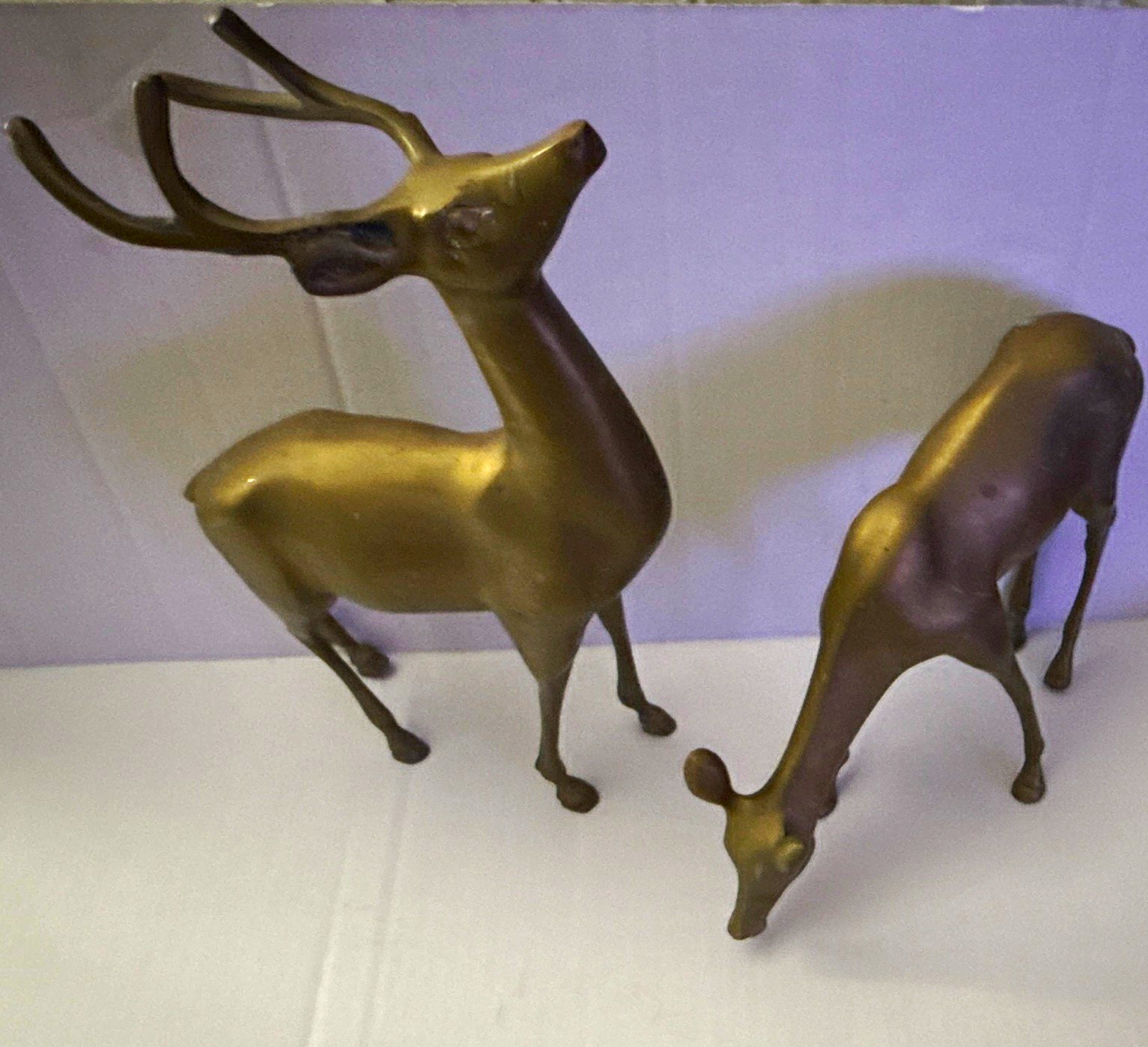 Vintage Pair Brass Deer Figurines Large Buck w/ Antlers & Grazing Doe w/ patina