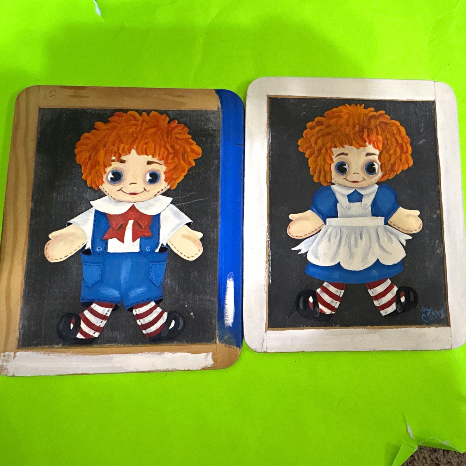 Vintage 1970s Raggedy Ann Andy 3D Wooden Chalkboard Wall Plaques Rose Art Portug