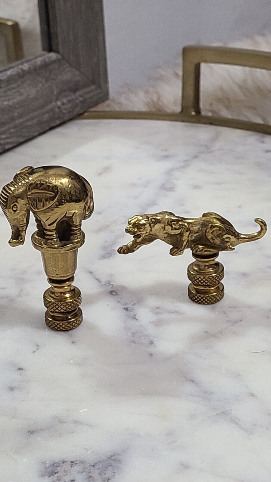 Set Of 2 Vintage Brass Elephant And Jaguar Lamp Finials MCM