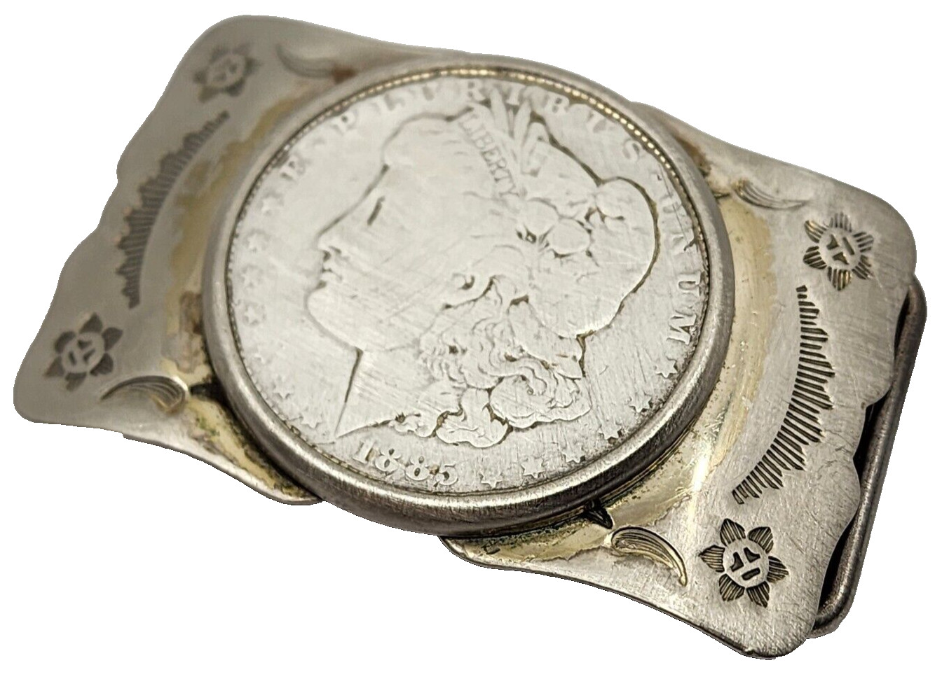Fantastic Vintage Smaller Size Bell Nickel Silver 1885 Morgan Dollar Belt Buckle