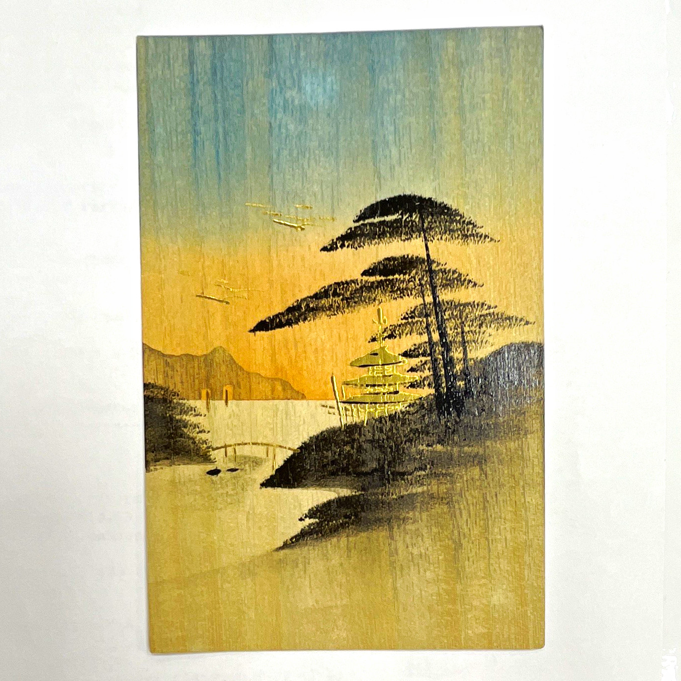 Vintage Japanese Landscape Art Wooden Postcard  Made in Japan