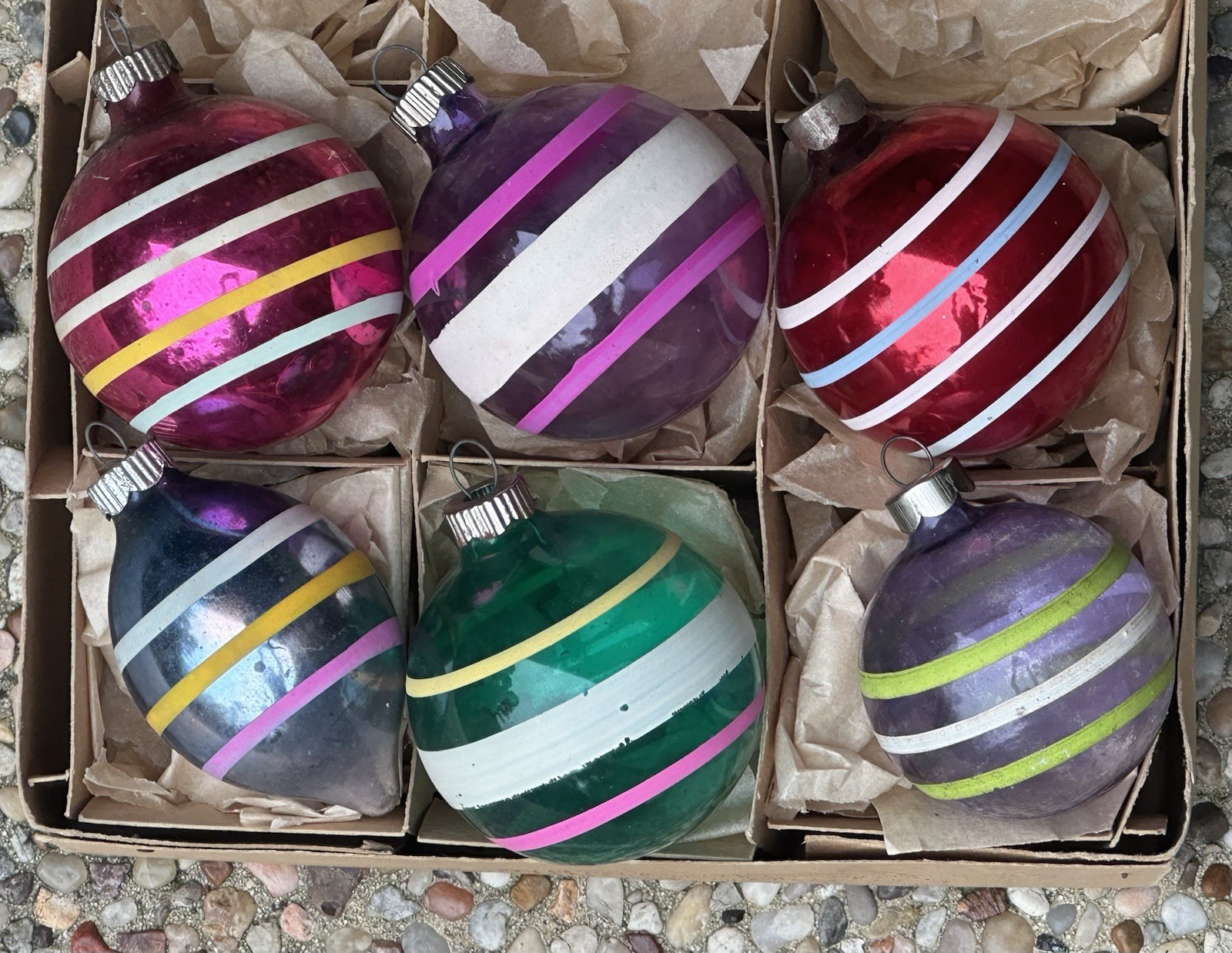 VTG Corning Shiny Brite Made In US Of A Unsilvered Stripes Glass Ornaments