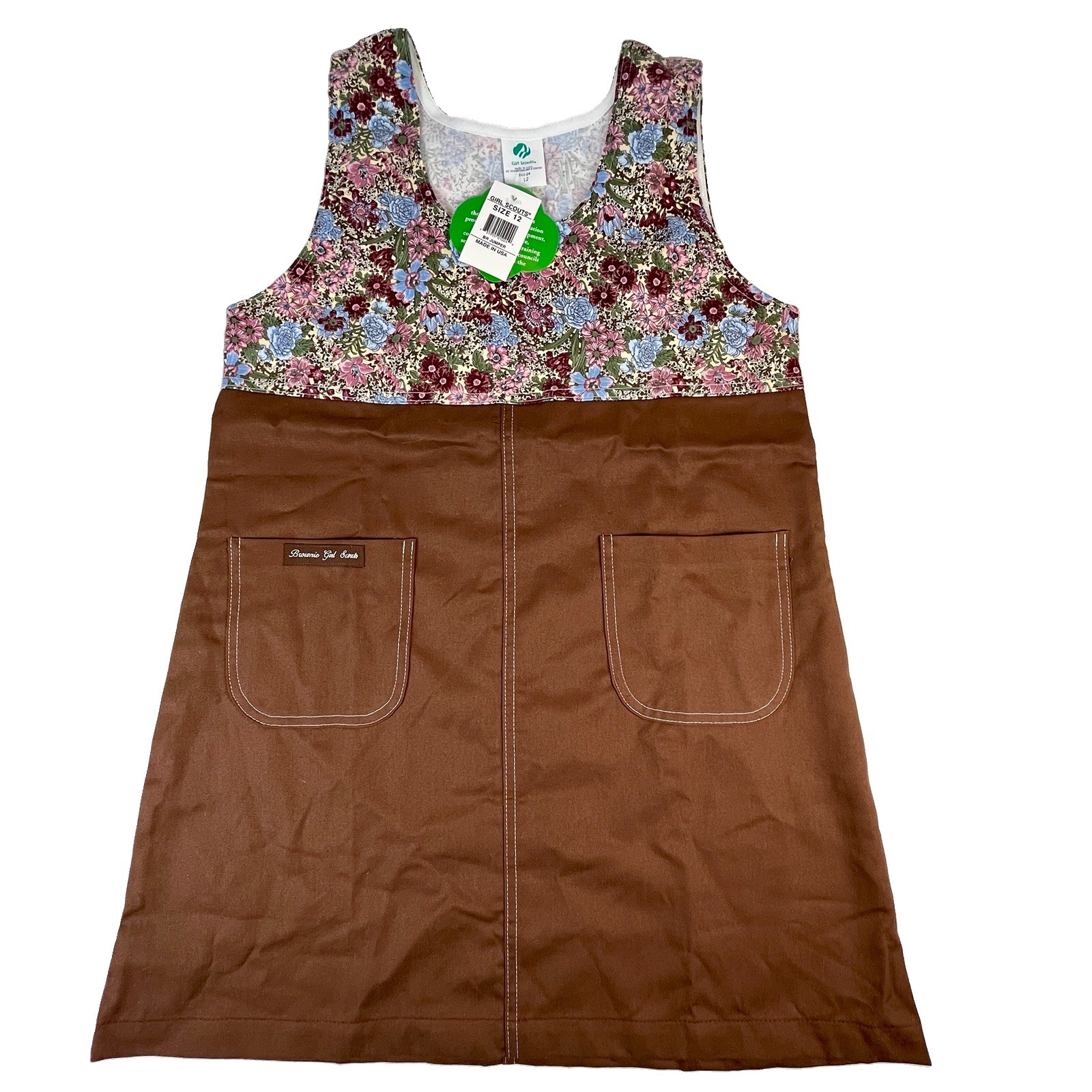 Vintage Brownie Girl Scouts Uniform Dress Sz 12 Floral Brown Canvas NWT NOS