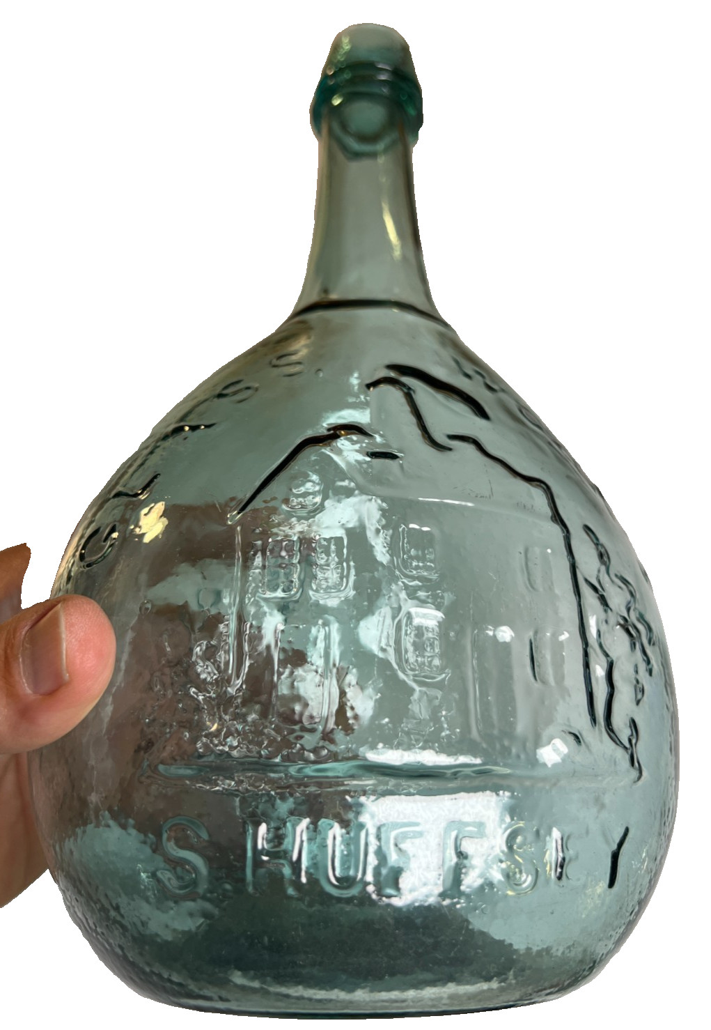 S Huffsey Teal Calabash Flask Bottle Open Pontil Isabella Glass New Brooklyn NJ