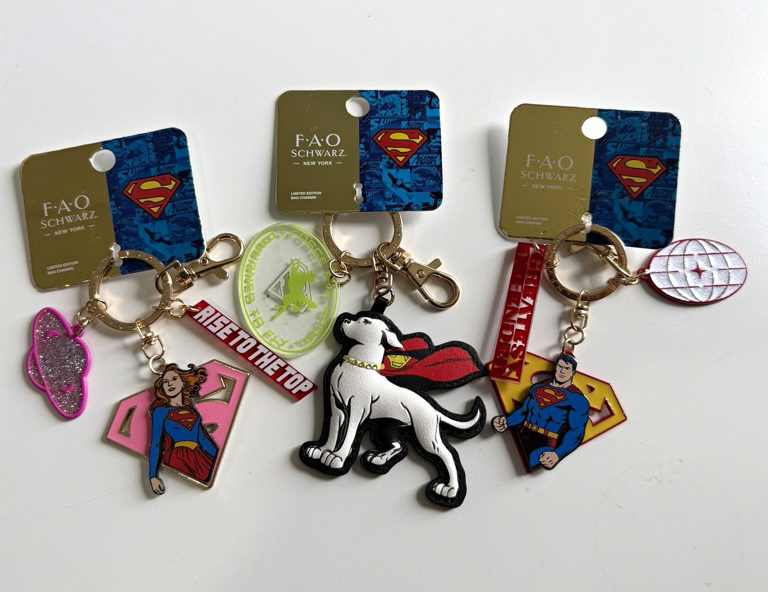 FAO Schwarz Superman Supergirl Krypto bag charms set of 3 new with tags