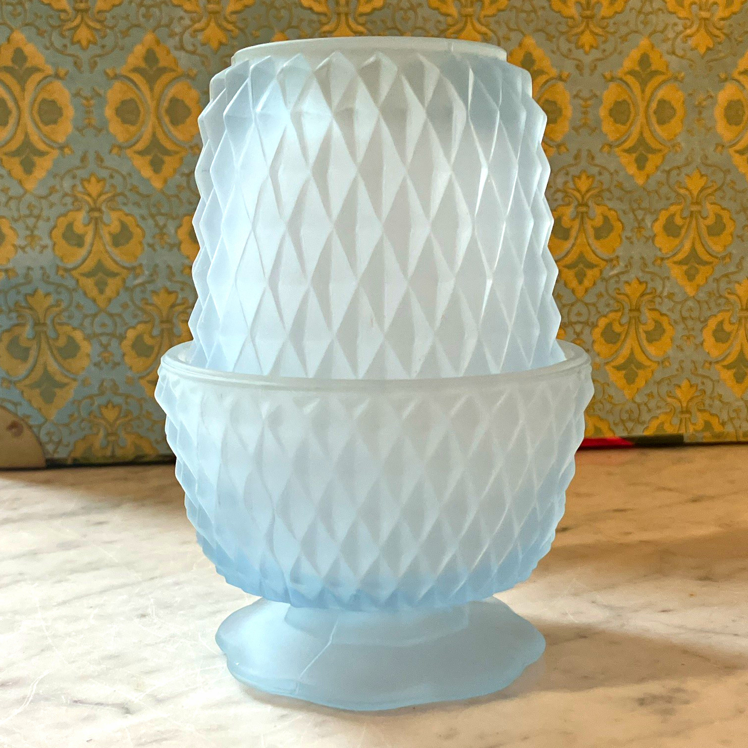 1970’s Indiana Glass 5 1/2” Diamond Point Ming Blue Satin Frosted Fairylamp